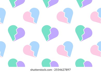 Seamless pattern of broken hearts in pastel colors on a white background, perfect for romantic or emotional themes.