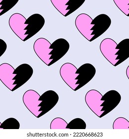 Seamless pattern with broken hearts. Vector background in y2k, 00s, 90s style