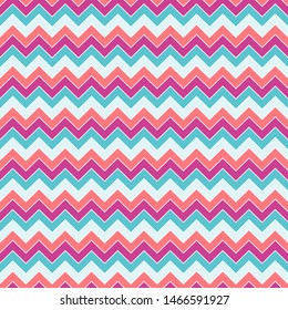 Seamless pattern of broken lines in fuchsia, coral, turquoise and pale blue, on a white background, zigzag. 
Great for decorating fabrics, textiles, gift wrapping, printed materials, advertising.