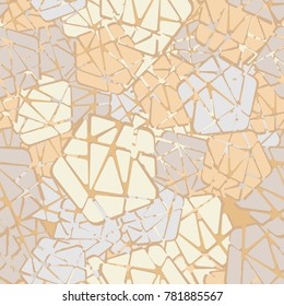 Seamless pattern of broken pentagons. Six-color texture. Applicable for textiles, travel items, fashion clothing, design and 3d modeling.