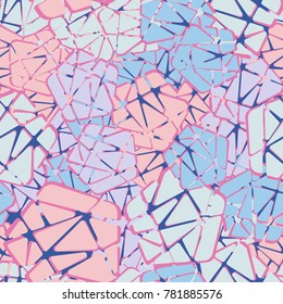 Seamless pattern of broken pentagons. Six-color texture. Applicable for textiles, travel items, fashion clothing, design and 3d modeling.