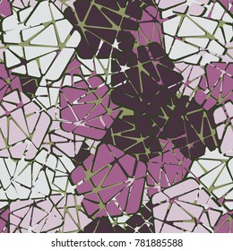 Seamless pattern of broken pentagons. Six-color texture. Applicable for textiles, travel items, fashion clothing, design and 3d modeling.