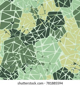 Seamless pattern of broken pentagons. Six-color texture. Applicable for textiles, travel items, fashion clothing, design and 3d modeling.