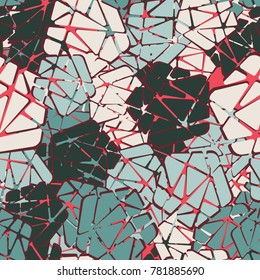 Seamless pattern of broken pentagons. Six-color texture. Applicable for textiles, travel items, fashion clothing, design and 3d modeling.