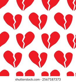 Seamless pattern. Broken red heart. Vector design. White background.