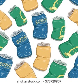 Seamless Pattern of Broken Soft Drink Cans With Beer Soda and Lime on White Background