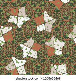 Seamless pattern. Broken stars. On the background of the texture consisting of a variety of five-pointed stars.