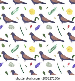 Seamless pattern with bronze wings parrots, tropical leaves and flowers. Cute baby print for fabric and textile.