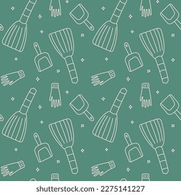 Seamless pattern of a broom, dustpan, rubber glove. Cleaning, sweeping. Vector illustration in doodle style.