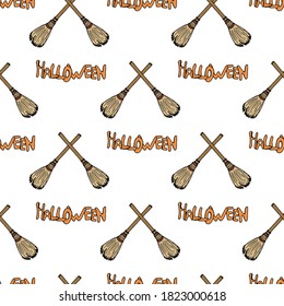 Seamless pattern with broom and text on white background. Vector image. 