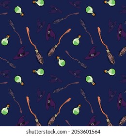 Seamless pattern with a broom, witch hat, potion on a dark background. It is perfect for Halloween website design, prints and more