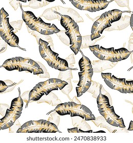 Seamless pattern with brown Banana palm leaves. Tropical design. Botanical illustration in realistic style. Vector foliage white background.