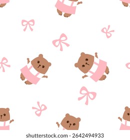 Seamless pattern with brown bear cartoons and ribbon bows on white background vector.
