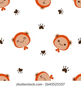 Seamless pattern of brown bear cartoons with red hood and paw prints on white background vector. Cute childish print.