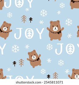 Seamless pattern with brown bear and hand written fonts, snowflakes and pine tree on blue sky background vector.