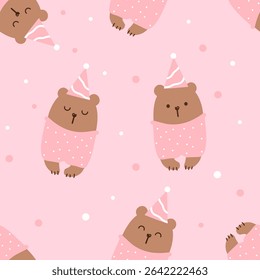 Seamless pattern with brown bear and party hat on pink background vector.