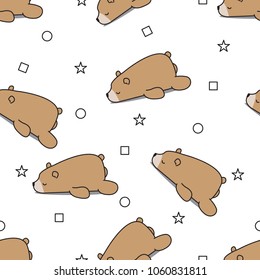 Seamless pattern brown bear sleeping on white background, vector illustration