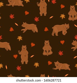 Seamless pattern with brown bears and autumn leaves. Vector graphics.