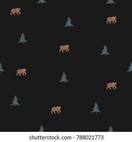 Seamless pattern with brown bears pattern and green spruce trees on black background. Vector Illustration