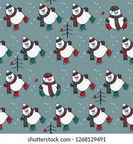 Seamless pattern with brown bears in hats on skates, trees and birds in white-green-red tones