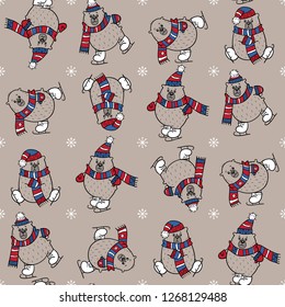 Seamless pattern with brown bears on skates, trees and birds in gray-blue-red tones