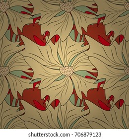 Seamless pattern with brown, beige and green flowers and leaves, abstract floral pattern. Tileable vector pattern for wallpaper, cards or fabric.