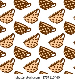 Seamless pattern with brown beige polka dots cups. Hand drawn simple kitchen supplies. Food and drink Vector illustration. For background, packaging, home decoration, kitchen textiles, menu, cafe