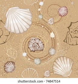 seamless pattern of brown and beige stylized sea shell on the beige, sandy ground.