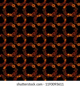 Seamless pattern with brown, black and red flowers and leaves, abstract floral pattern. Tileable vector pattern for wallpaper, cards or fabric.