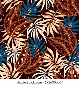 Seamless pattern with brown and blue tropical leaves. Vector background for various surface. Jungle leaves seamless vector floral pattern background. Hand draw texture. Vector template.