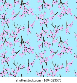 seamless pattern with brown branches of cherry blossoms on a light blue background. Modern abstract design for paper, cover, fabric, interior decor