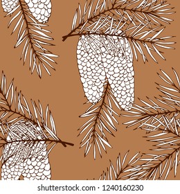 Seamless pattern in brown with branches of fir and cones