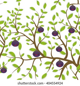 seamless pattern Brown branches with green leaves, figs fruits Kawaii funny muzzle with pink cheeks and winking eyes, pastel colors on white background. Vector