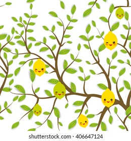 seamless pattern Brown branches with green leaves, lemon lime fruits Kawaii funny muzzle with pink cheeks and winking eyes, pastel colors on white background. Vector
