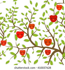 seamless pattern Brown branches with green leaves, Red Apple fruits Kawaii funny muzzle with pink cheeks and winking eyes, pastel colors on white background. Vector