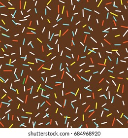 Seamless pattern brown bright tasty vector donuts sprinkles background in cartoon style for menu in cafe and shop