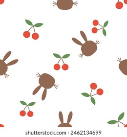 Seamless pattern with brown bunny cartoons and cherry on white background vector.