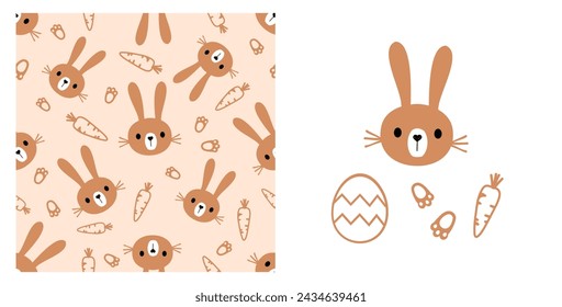 Seamless pattern with brown bunny rabbit cartoons, carrot and foot prints on orange background. Easter icon set vector.