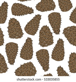 Seamless pattern brown cedar cones on a white background. Nature wallpaper. Hand drawing cone. Vector illustration of pine cones.