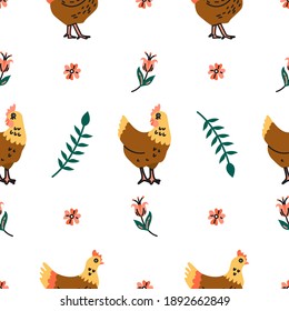 Nahtloses Muster mit braunen Hühnern und floralen Elementen auf weißem Hintergrund. Moderne Vektorgrafik. Perfekt für den Druck auf Stoff oder Papier.