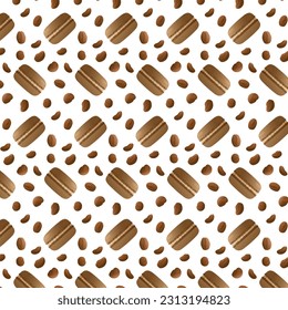 Seamless pattern brown chocolate macarons with coffee beans.Highly detailed dessert, macaroon, sweets, menu design, restaurants shop. Gradient macarons. Vector illustration.