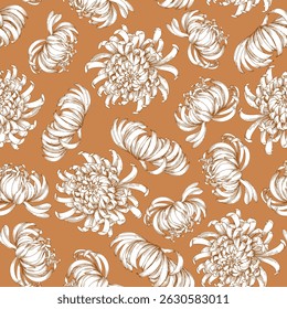 Patrón sin fisuras de brotes de crisantemos marrones sobre un fondo naranja. Ilustración de tinta hecha a mano. Para el diseño de envases, tarjetas, fundas, estampados, etiquetas de productos y tejidos.