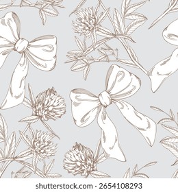 Padrão contínuo de trevos marrons e arco em um fundo cinza. Ilustração a tinta feita à mão. Para design de embalagem, cartões, capa, impressões, etiquetas de produto e tecido.