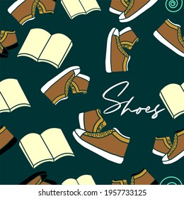 seamless pattern brown colored boots , shoes and books scattered on a dark green background