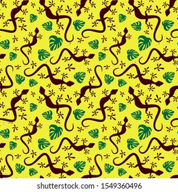 Seamless pattern. Brown contour lizards and green leaves on yellow backround. Vector graphic illustration.