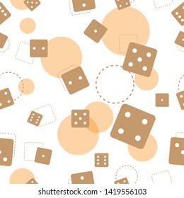 Seamless pattern of brown dice with light brown circle on background and with white background.