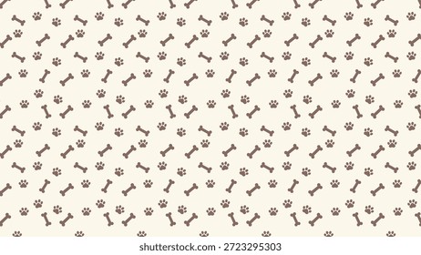 Seamless pattern with brown dog paw prints and bones on beige background. Animal pet wallpaper vector