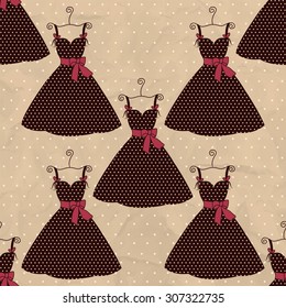 Seamless pattern brown dress on a background with polka dots