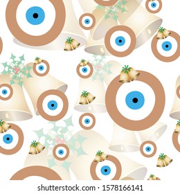 seamless pattern with brown evil eyes and Christmas bells