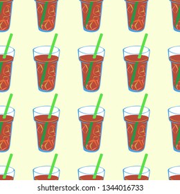 Seamless pattern with brown fizzy lemonade in the glass with straw isolated on white background.